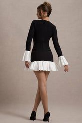 Black Long-Sleeve Mini Dress With White Satin Trims